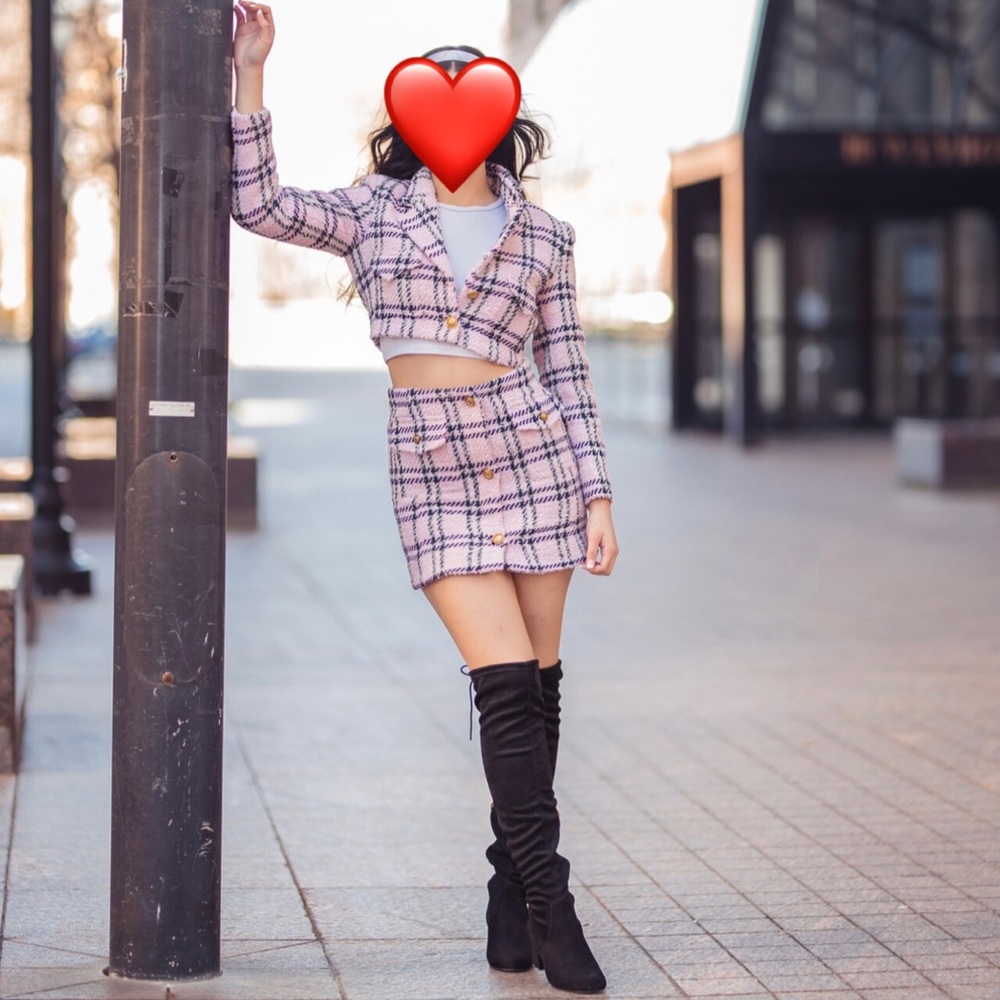 Pink Plaid Sequined Tweed Matching Set